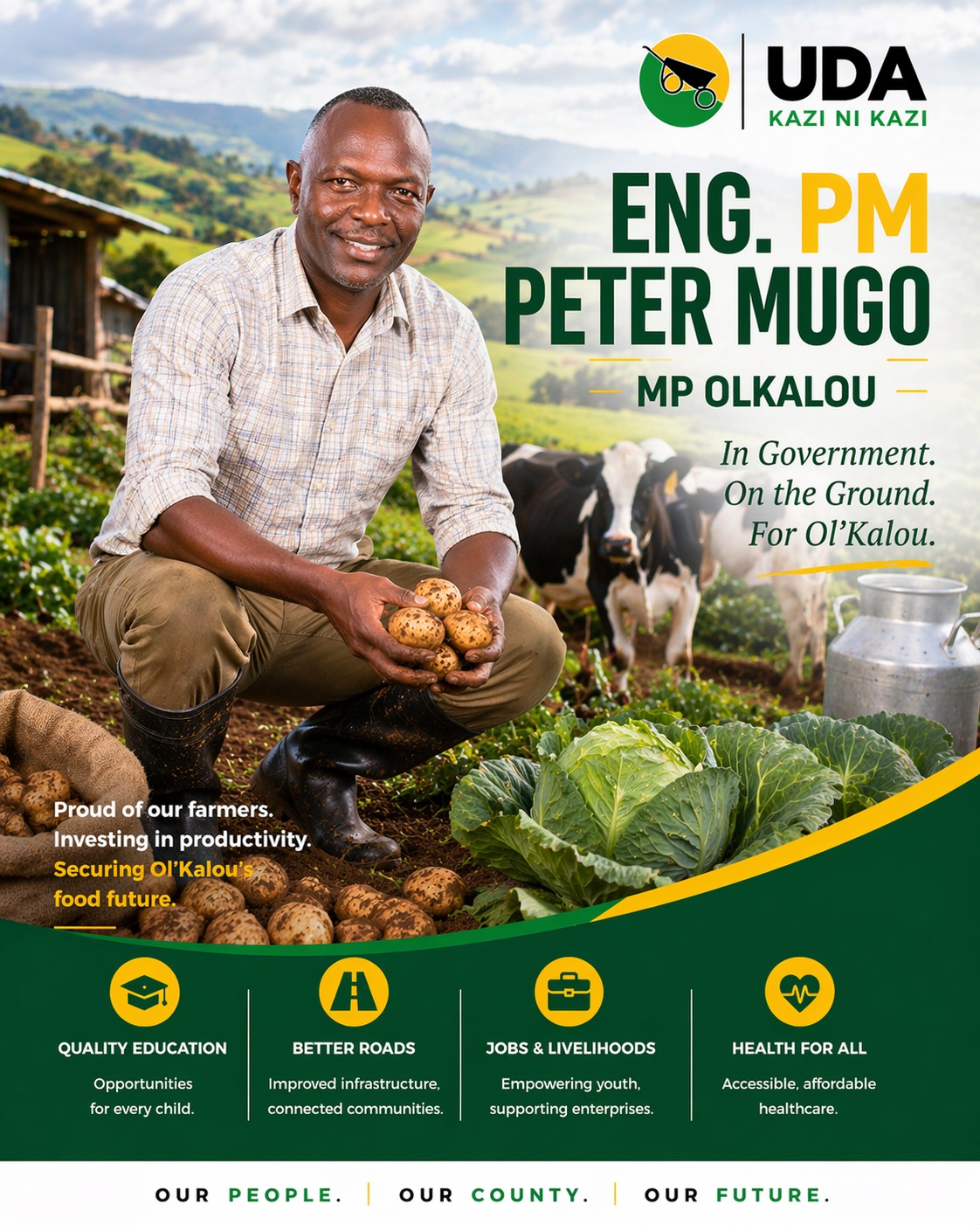 Eng. PM Peter Mugo with farm produce and dairy cattle